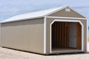 the painted portable garage from derksen buildings sold by Double E Portable Buildings in Starkville MS
